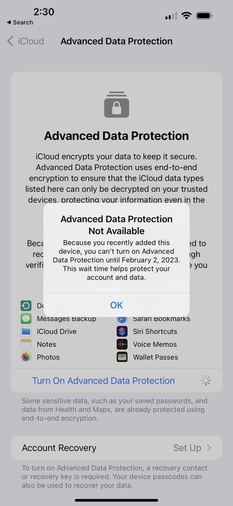 设有缓冲期，苹果不支持近期新增设备启用 iCloud 高级数据保护功能